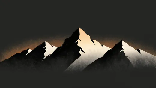 A dark mountain ridge with warm light rising behind the peaks