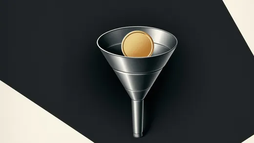 A metal funnel with a single gold coin resting at its mouth