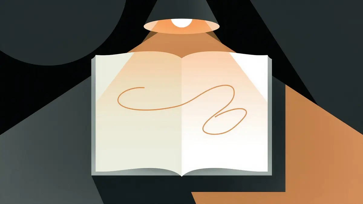 An open ledger under a lamp with one line glowing amber