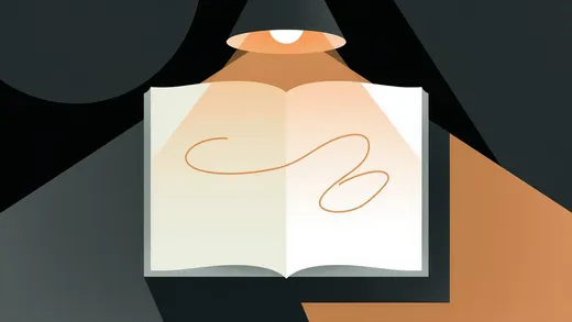 An open ledger under a lamp with one line glowing amber