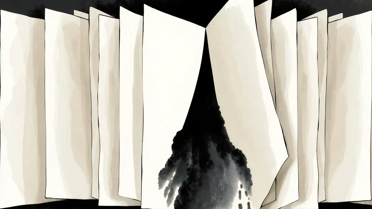 A row of upright papers, the middle one dissolving into dark ink