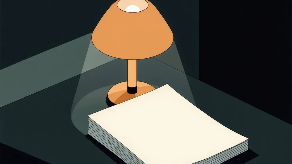 A warm desk lamp illuminating a tall stack of blank forms at night