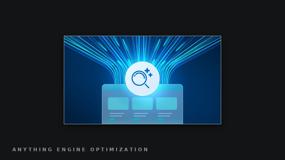 WP Engine's Smart Search AI product graphic: a magnifying-glass icon over a search-results card, lit by streaming blue light trails