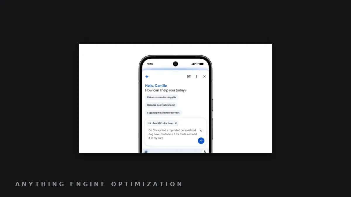 Framed screenshot of the Gemini panel in Chrome for Android, showing suggested prompts and a shopping task