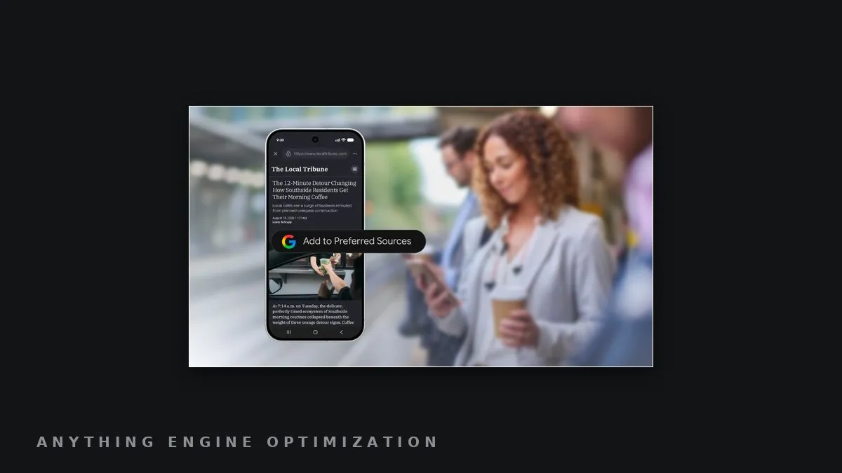 A phone showing a "Add to Preferred Sources" prompt on a news article, held by a person in a crowd