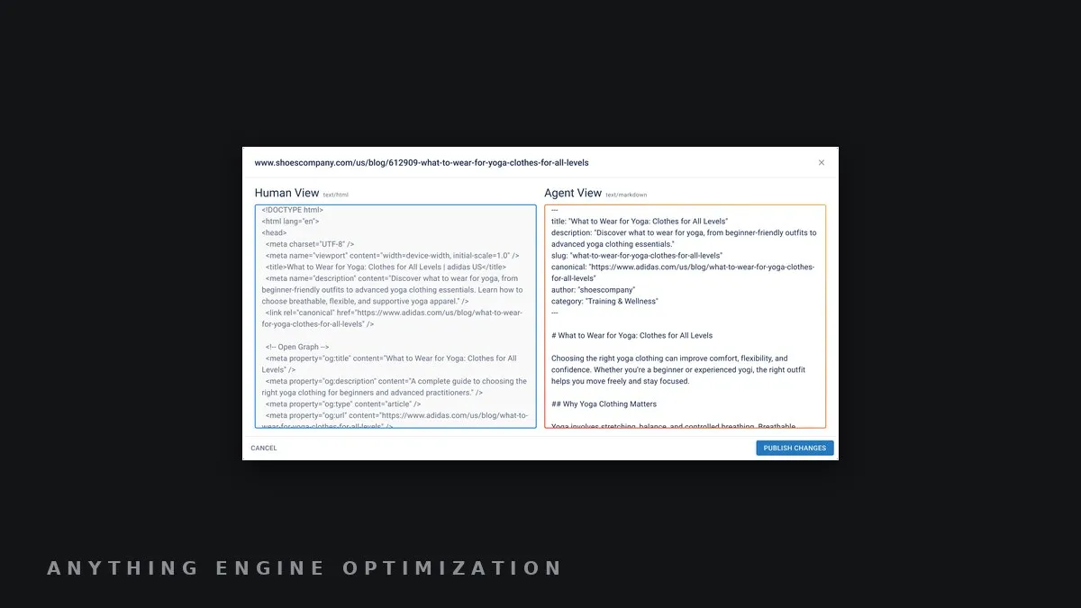 Screenshot of BrightEdge's Agent Edge feature, showing a page's human-facing HTML next to its agent-facing Markdown view, framed on a dark field.