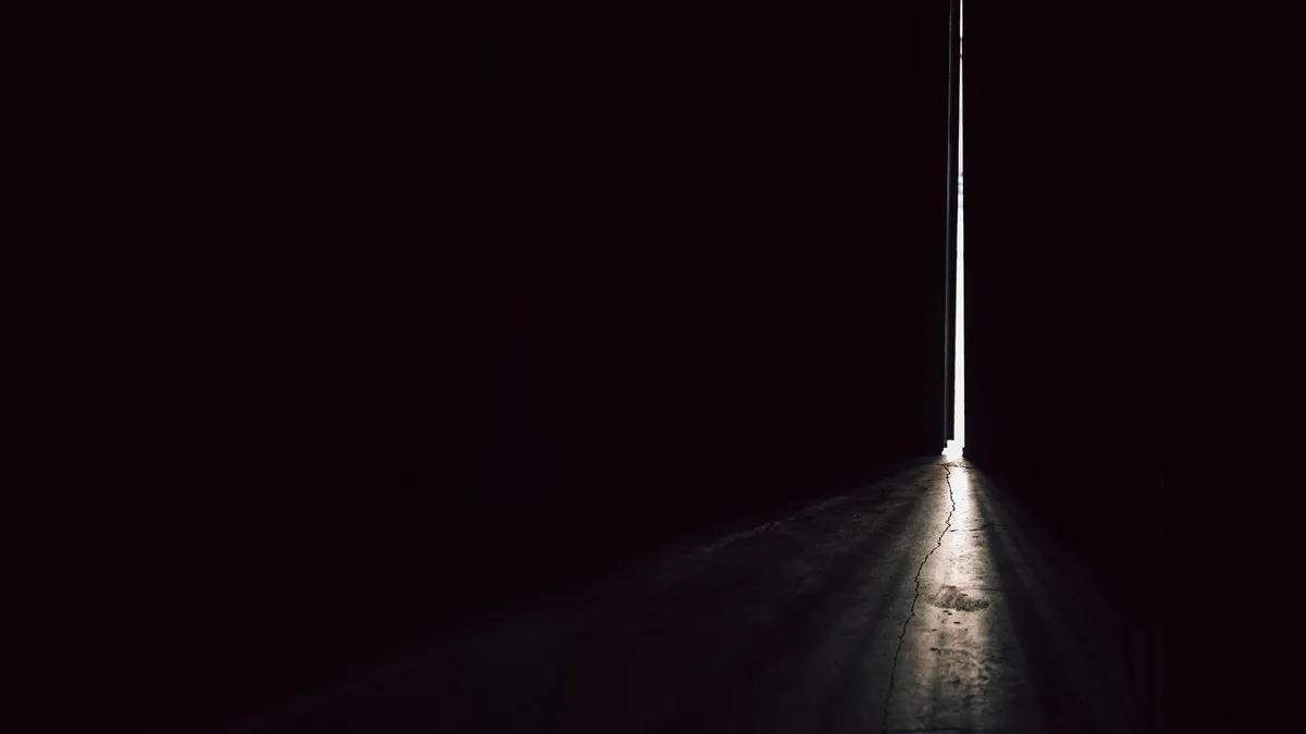 A narrow beam of light piercing through a dark room from a slightly open door.