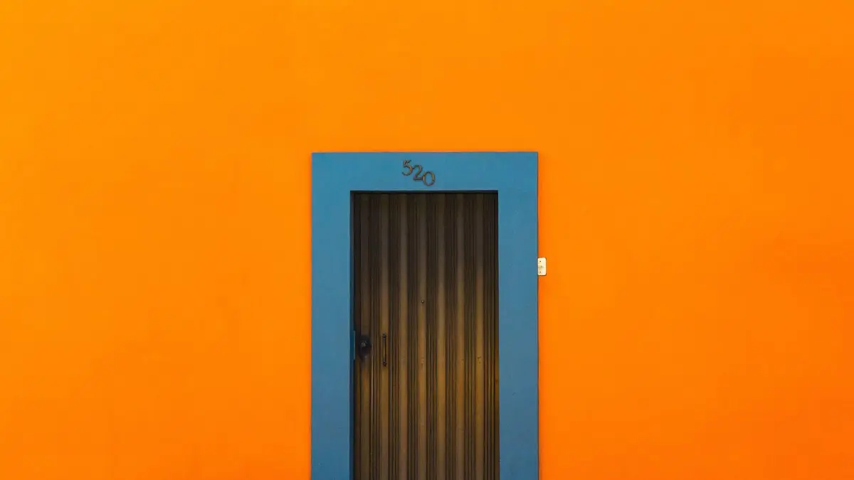 Exterior of bright orange wall of building with door with metal casing and drawing in daylight in city street outside