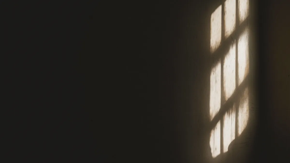 Sunlight casting window shadows on a dark wall creates a dramatic effect.