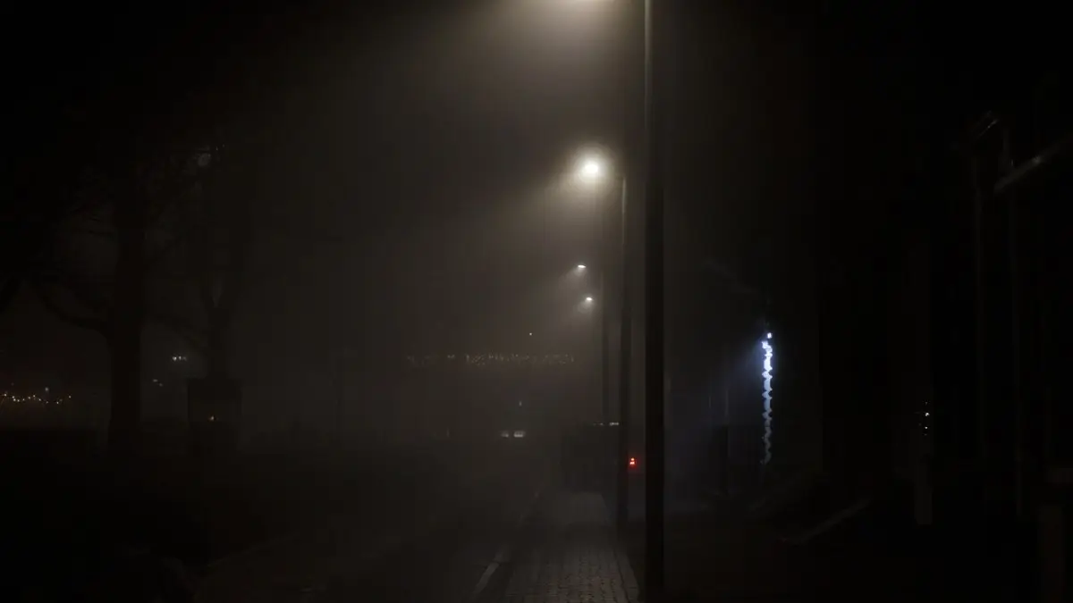 A foggy urban street at night with streetlights creating a moody ambiance.