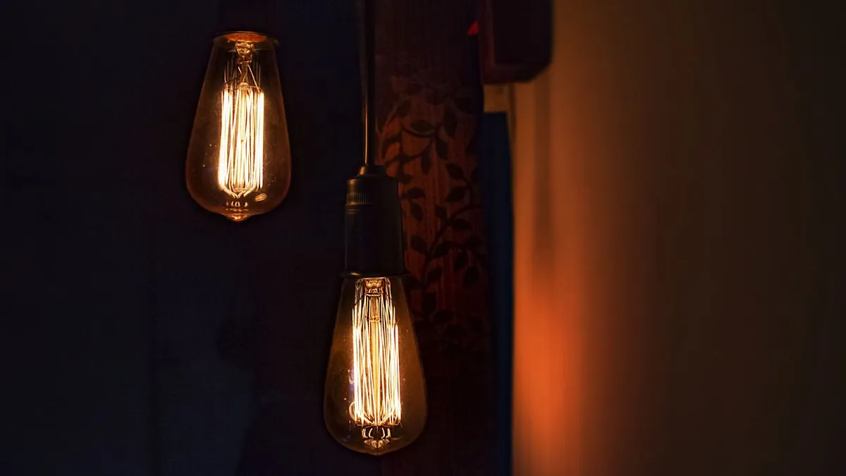 Two vintage Edison bulbs glowing warmly indoors, creating an atmospheric ambiance.