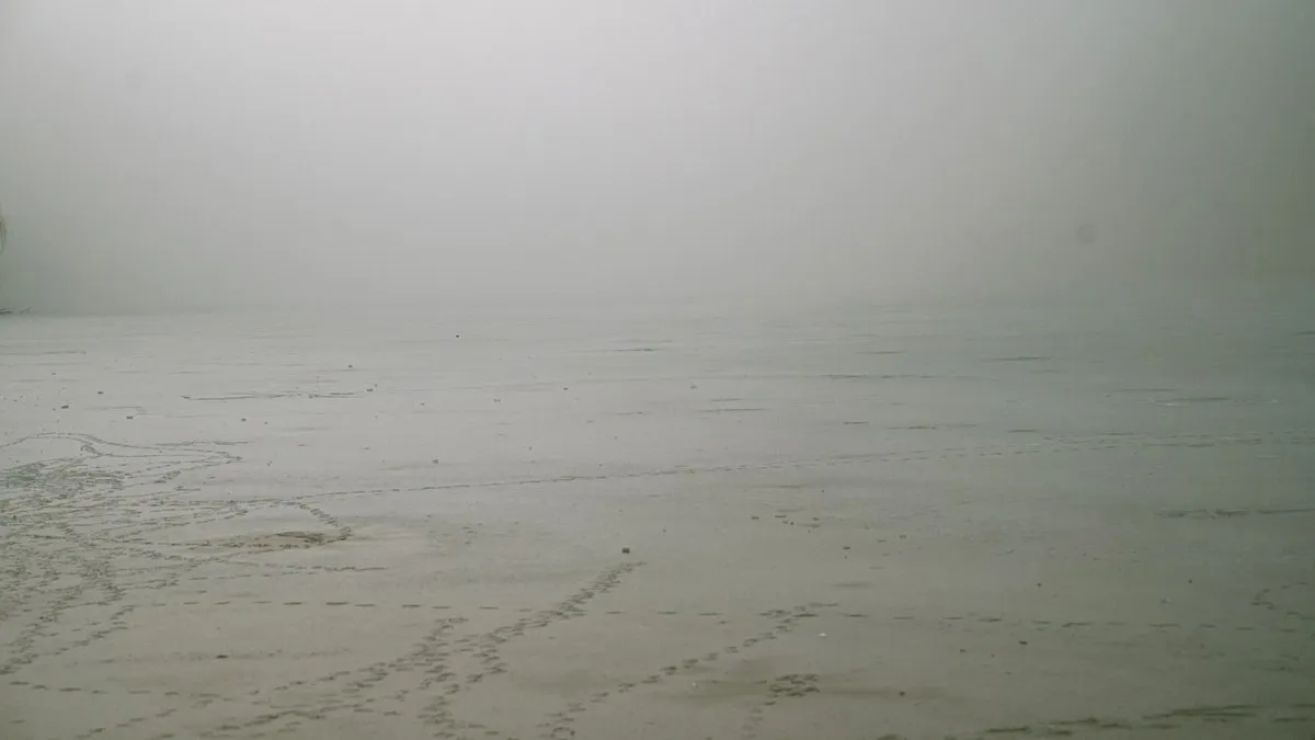 Serene foggy beach with minimal footprints on wet sand, reflecting peaceful solitude.