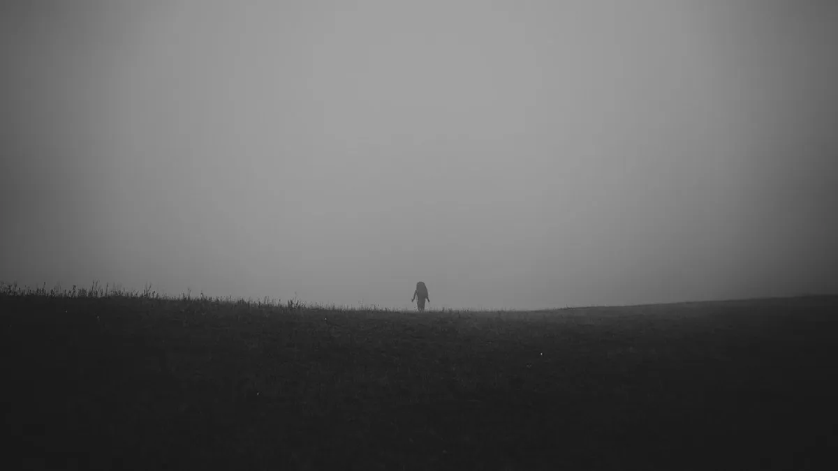 A lone figure stands in a misty, desolate field, evoking solitude and mystery.