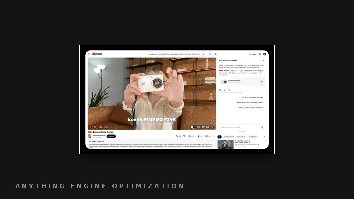 Screenshot of YouTube's Ask YouTube panel on a video watch page, showing a product Q&A thread with follow-up question suggestions beside a camera review video.