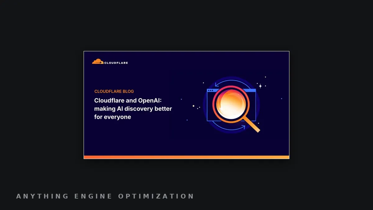 Cloudflare's blog header art for 'Cloudflare and OpenAI: making AI discovery better for everyone,' showing a magnifying glass over a browser-window icon on a dark indigo field.
