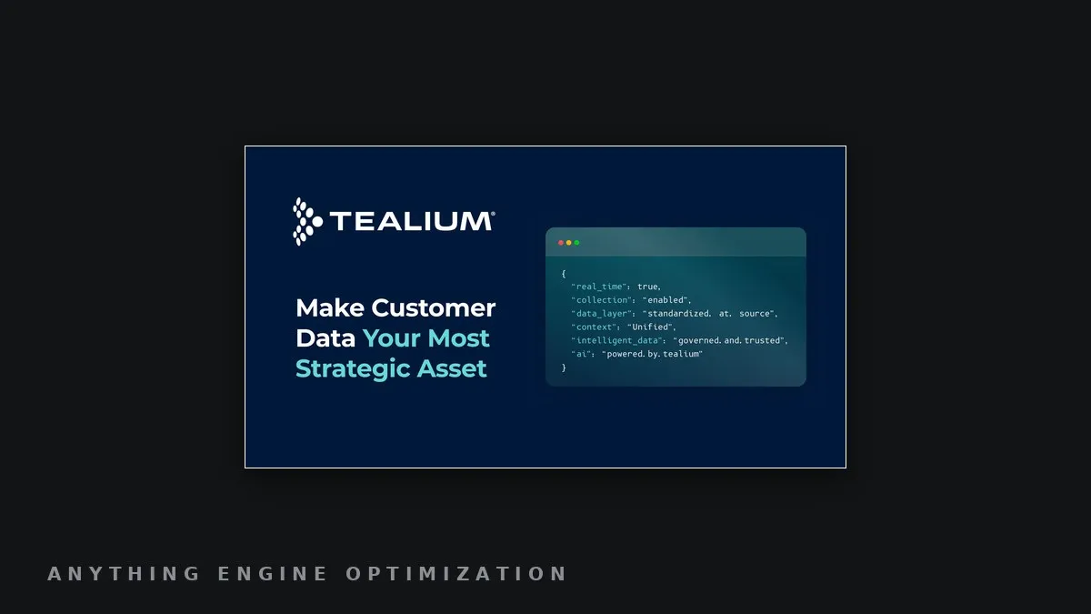 Tealium's brand graphic reading 'Make Customer Data Your Most Strategic Asset' beside a stylized JSON data-layer snippet.