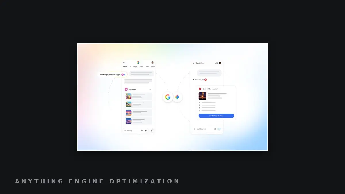 Two phone mock-ups, Google AI Mode on the left and the Gemini app on the right, joined by the Google and Gemini logos, framed on a dark field.